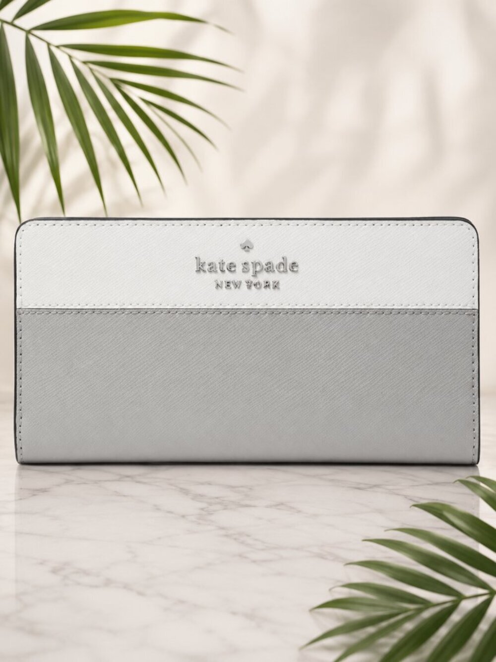 Kate Spade Staci Colorblock Wallet Slim Bifold Nimbus Gray White Wallet Grey New